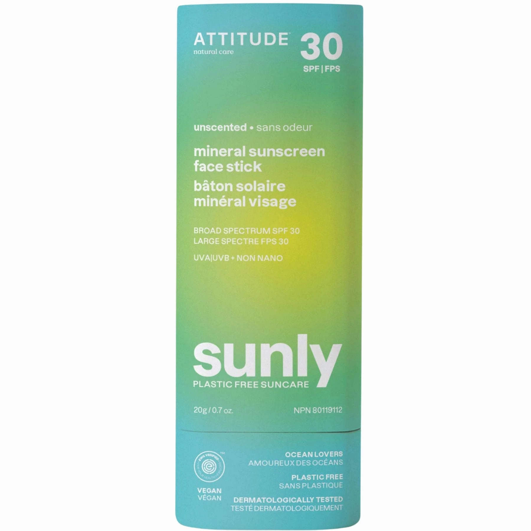 Attitude Sunly Mineral Sunscreen Face Stick SPF30 Unscented 20g