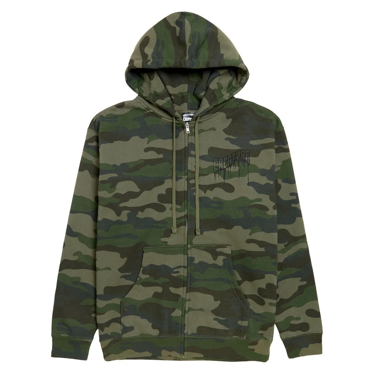 Board Games Creature Logo Outline Drip Zip Hoodie - Forest Camo Soap
