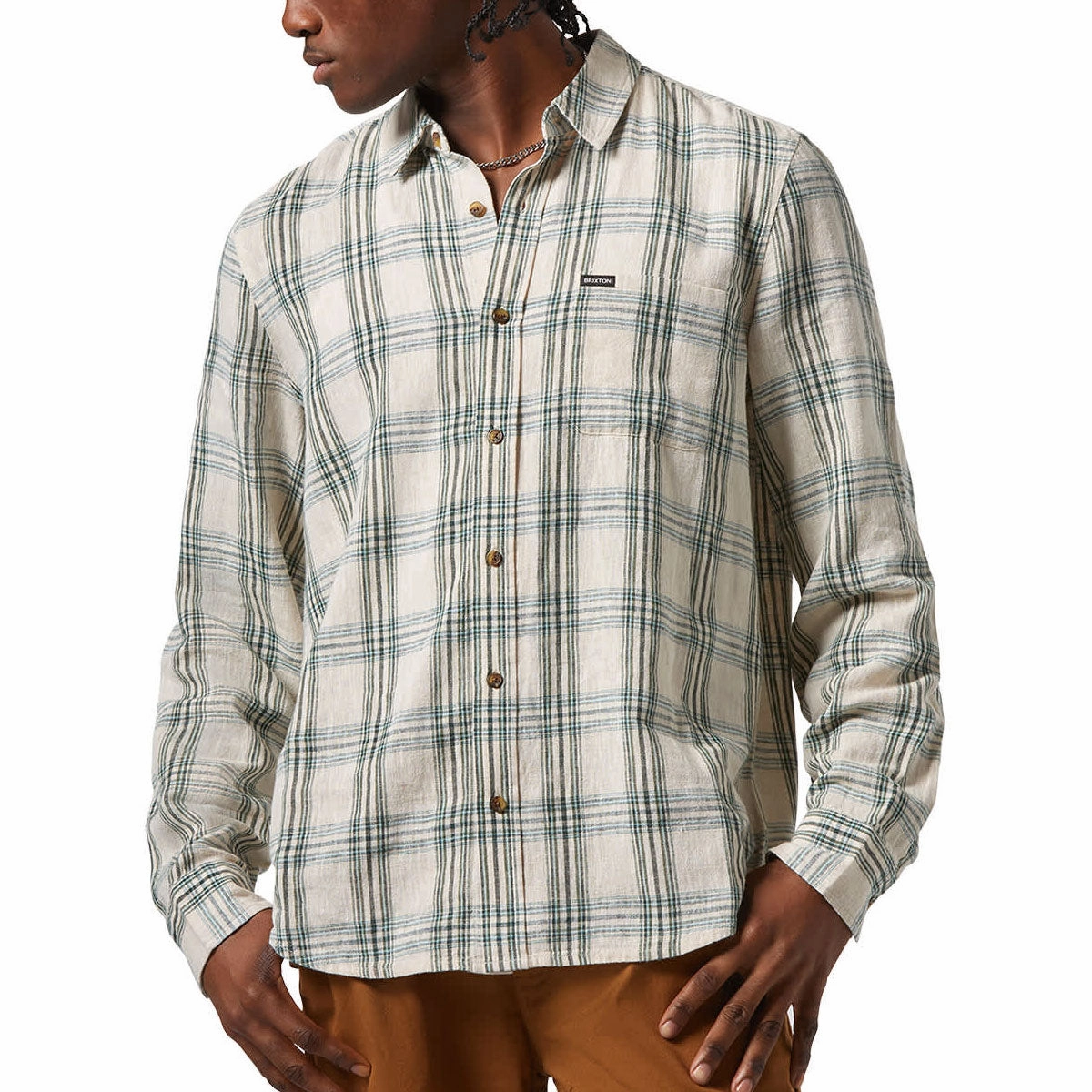 Brixton Charter Linen Blend Long Sleeve Shirt - Off White/Ivy Green Plaid Protein Powder Home & Living