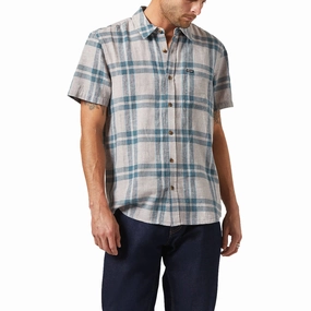 Brixton Charter Linen Blend Shirt - Beige/Azure Blue Plaid Patterned Clothing Athleisure