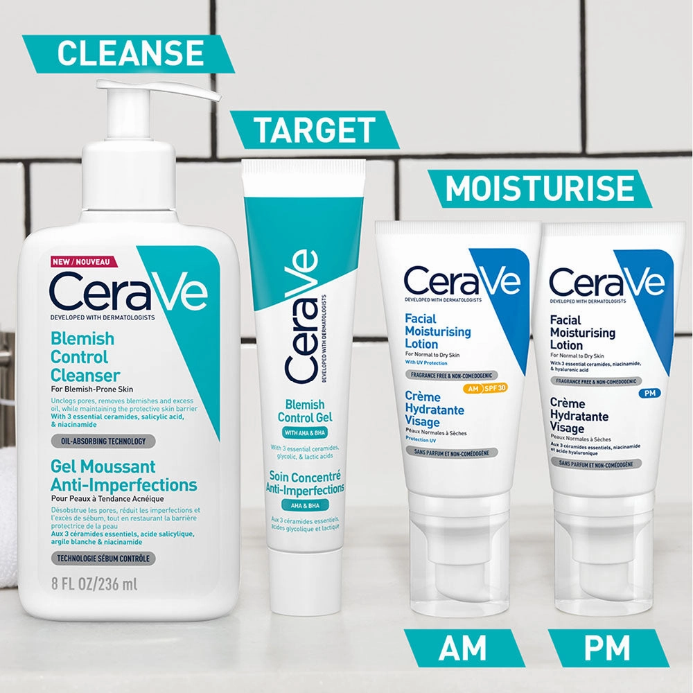 CeraVe Blemish Control Gel Facial Moisturiser For Acne & Blemishes with Glycolic Acid and Lactic Acid AHA/BHA 40ml