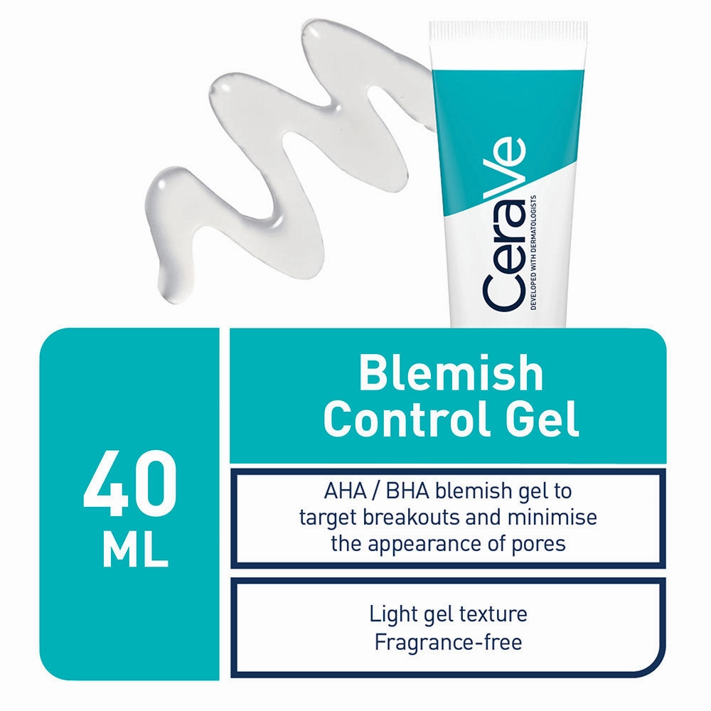 CeraVe Blemish Control Gel Facial Moisturiser For Acne & Blemishes with Glycolic Acid and Lactic Acid AHA/BHA 40ml