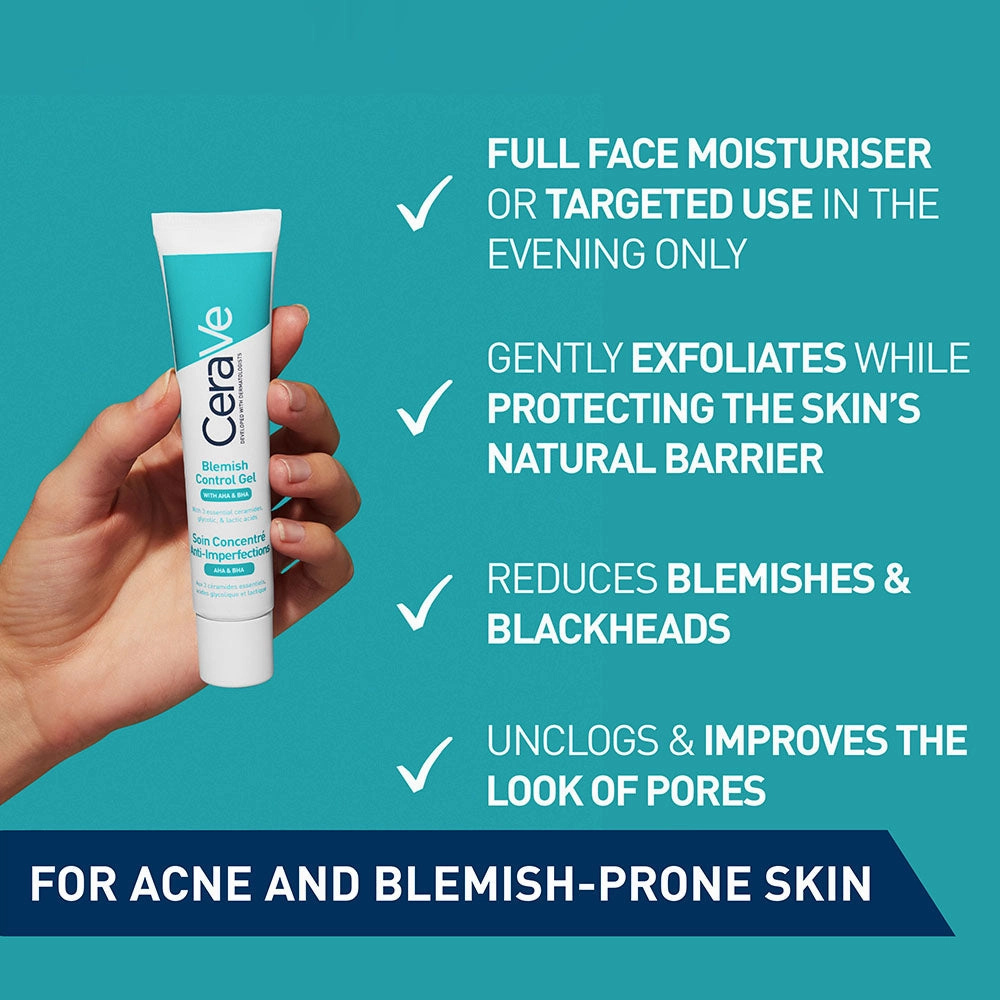 CeraVe Blemish Control Gel Facial Moisturiser For Acne & Blemishes with Glycolic Acid and Lactic Acid AHA/BHA 40ml
