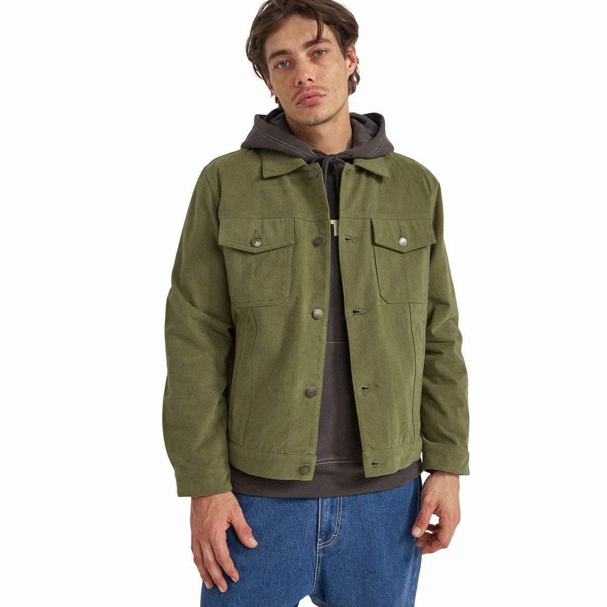 Diving Boards Rhythm Brushed Twill Trucker Jacket - Olive Plumbing