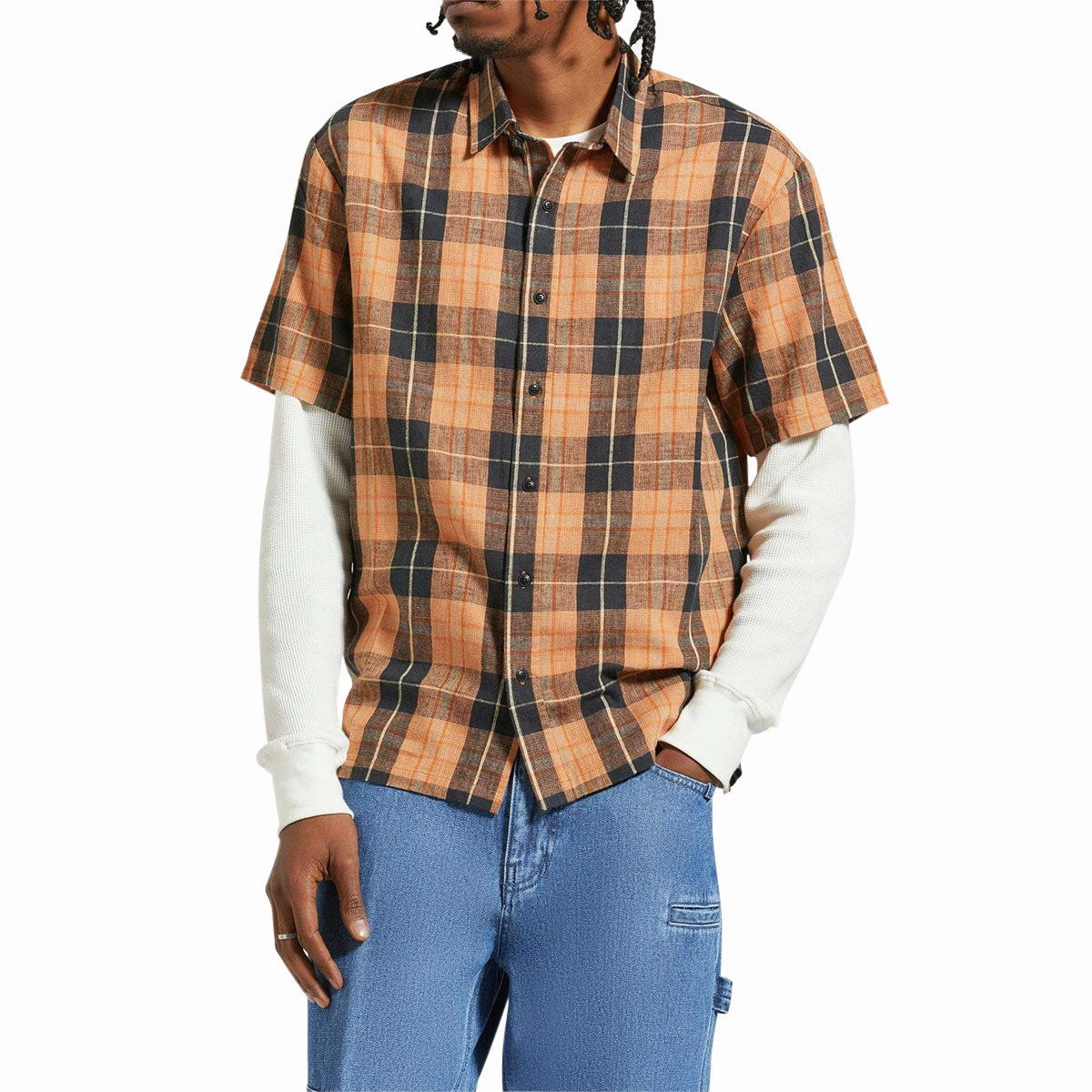 Handmade Brixton Cru Linen Blend Woven Shirt - Black/Rust Orange Travel Bags
