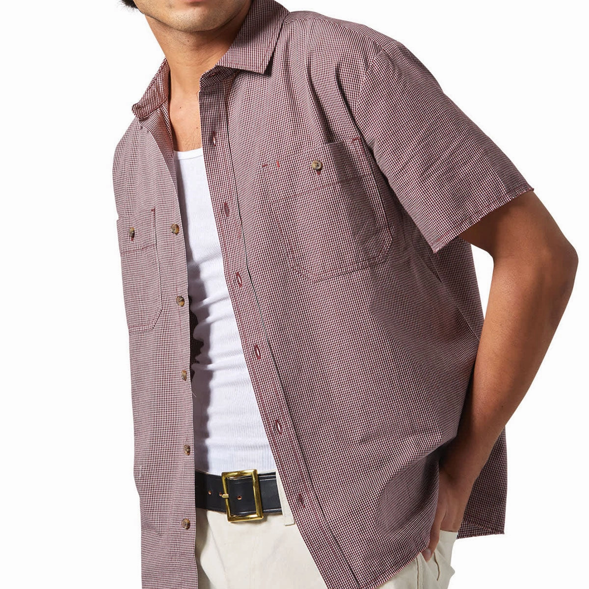 Hospitality Supplies Brixton Cru Micro Plaid Shirt - Cordovan Red Micro Plaid Organic Food