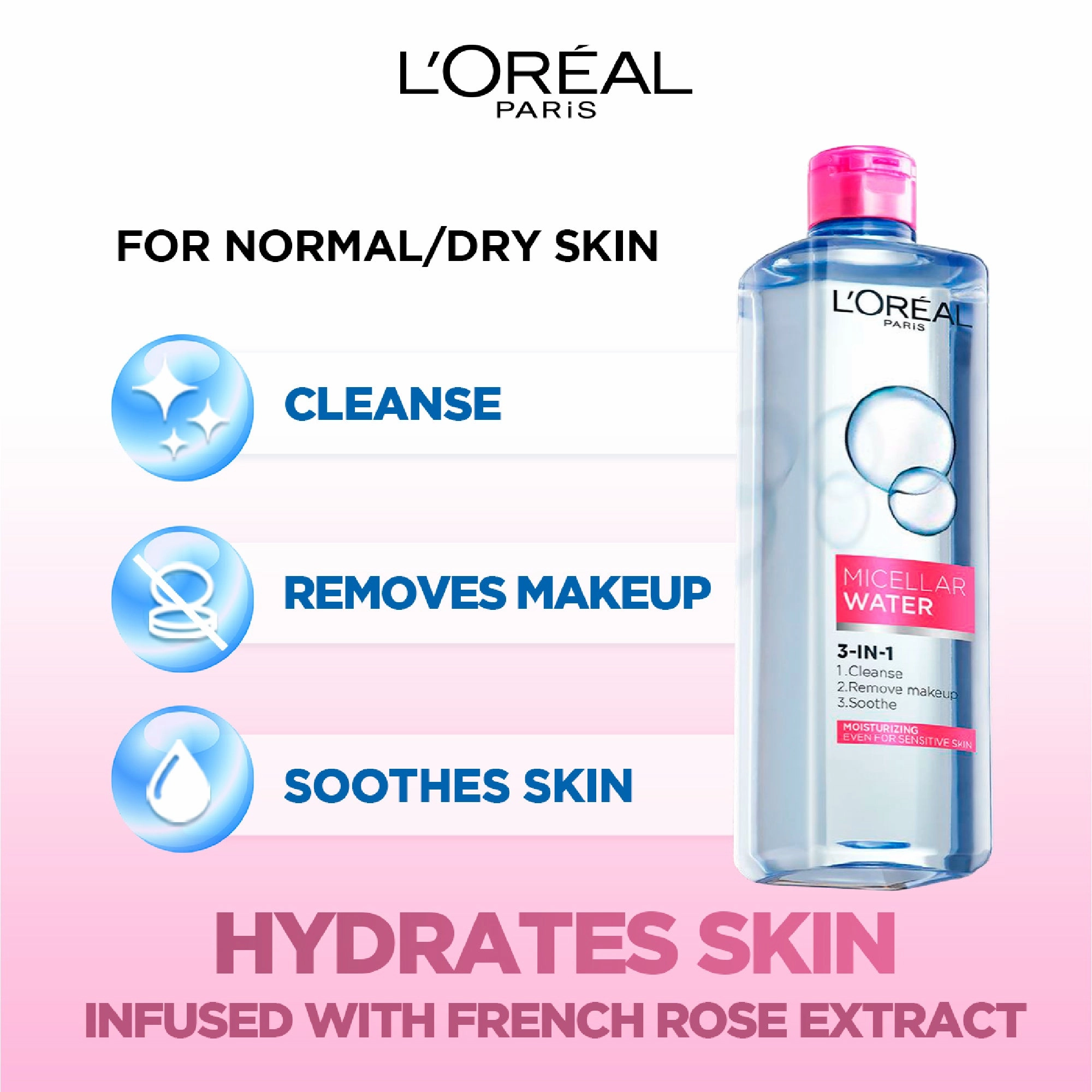 L'Oral Paris Micellar Makeup Remover Infused With Rose Extract 400ml