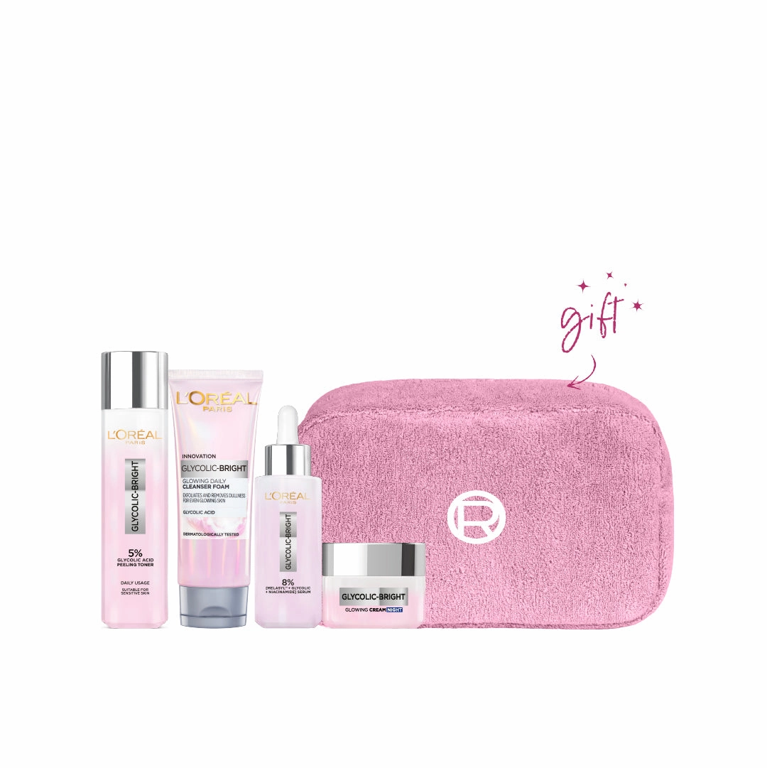 LOral Paris Glycolic Bright Routine Bundle   Free Pink Pouch At 20% Off