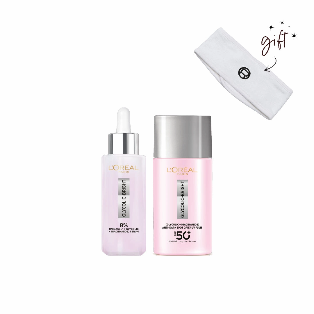 LOral Paris Glycolic Bright Sunscreen & Serum Bundle   Free Headband