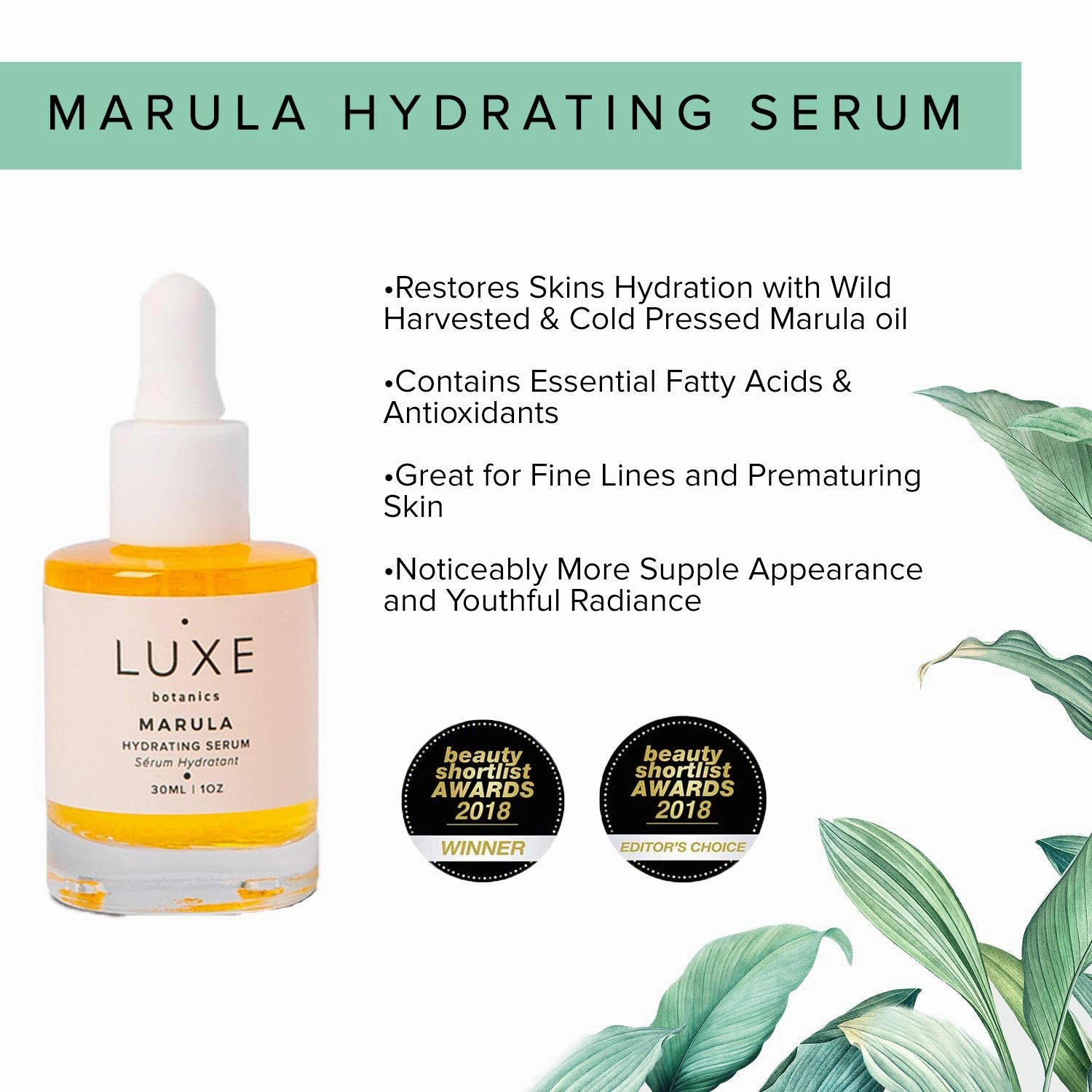 Luxe Botanics Marula Hydrating Serum - Replenishing, Restorative, and Skin Fortifying Concentrate - Marula Oil, Rosehip and Jojoba (1oz)