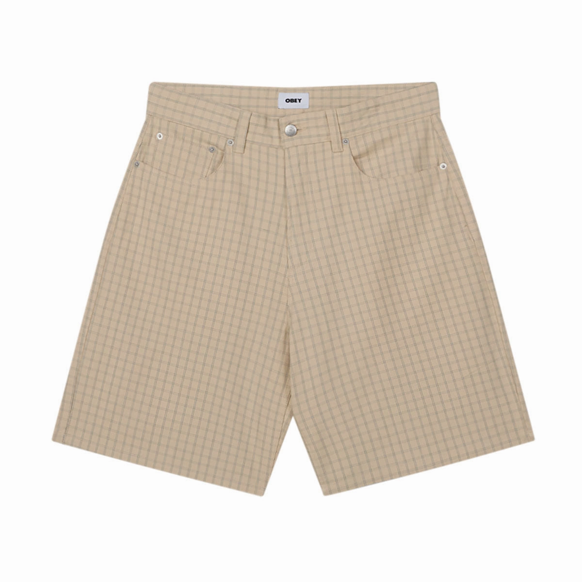 Obey Plaid Baggy Denim Shorts - Pelican Multi Year-Round Basics Travel Accessories
