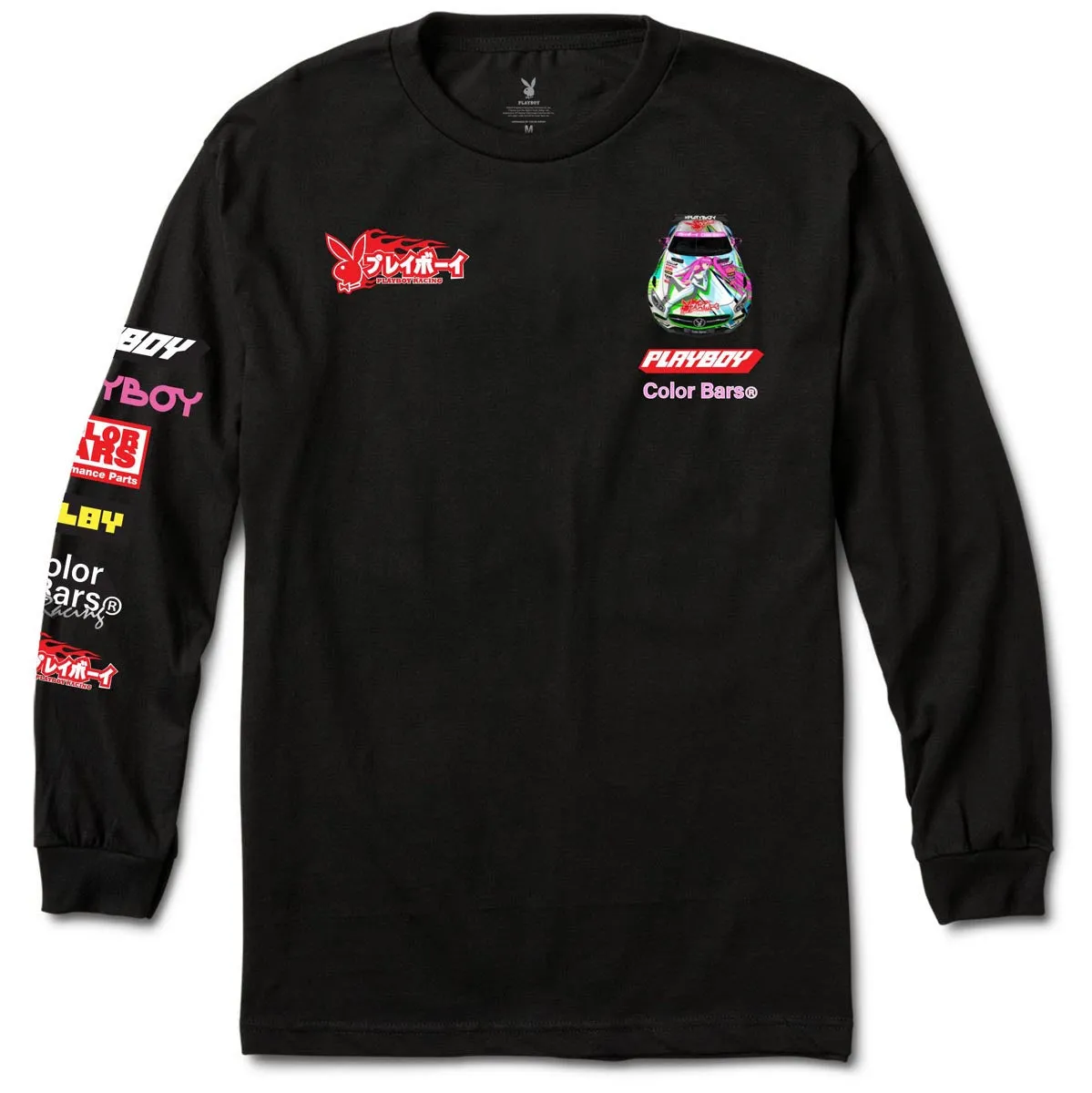 Polyester Blend Color Bars x Playboy Sponsors Long Sleeve T-Shirt - Black Size Chart