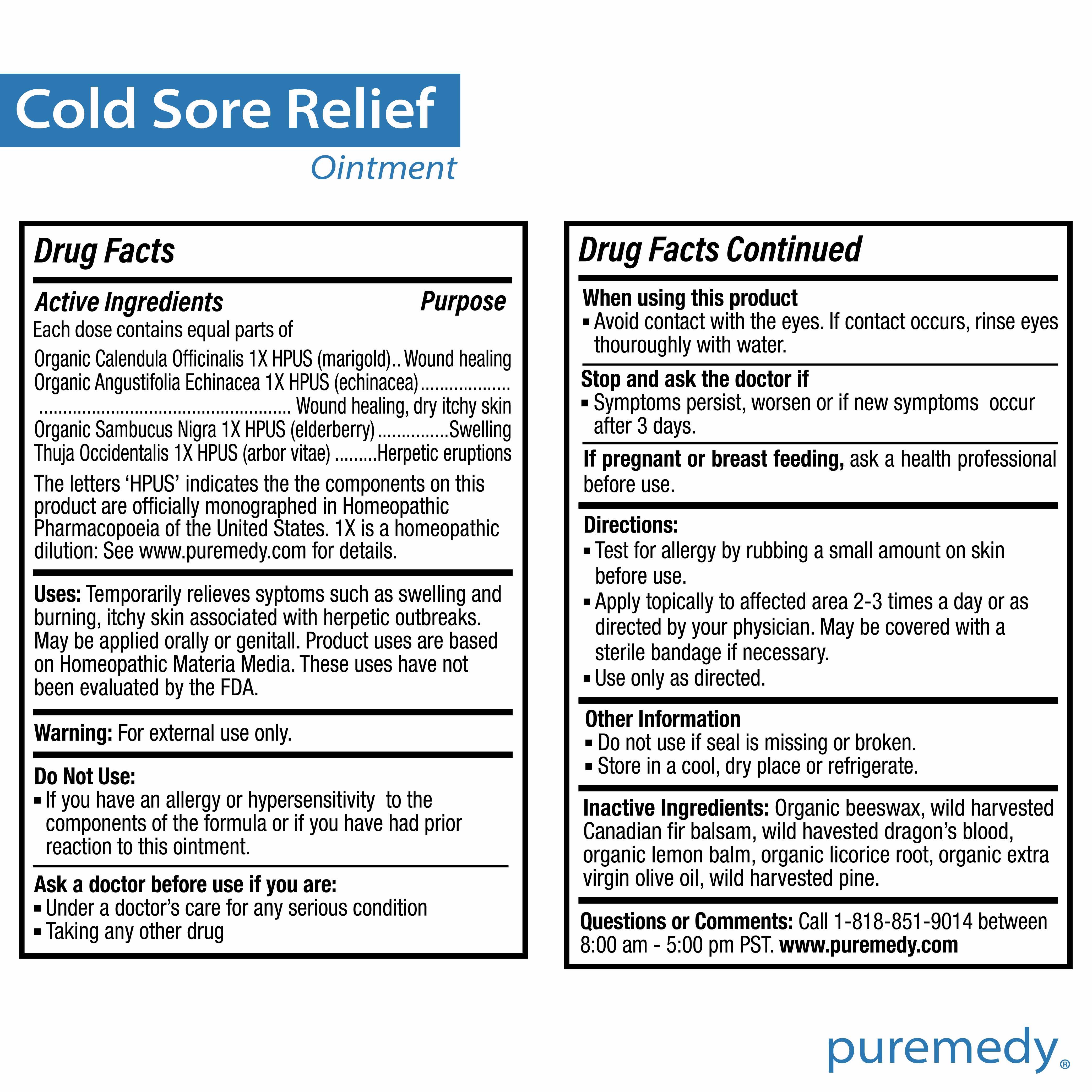 Puremedy Cold Sore and Fever Blister Ointment, 1 Ounce