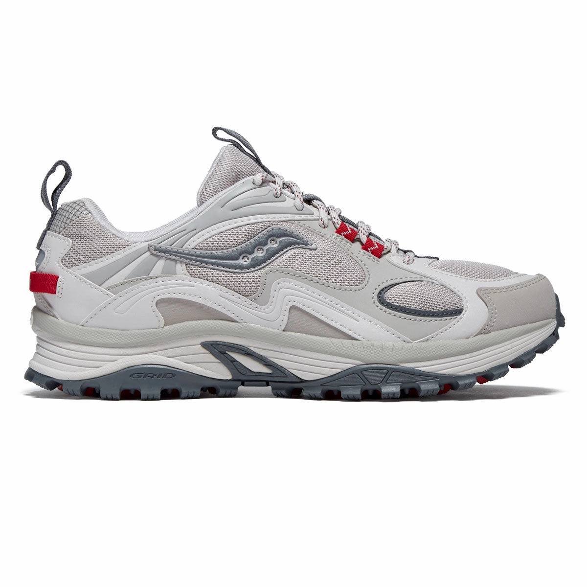 Saucony Grid Aura X Shoes - Dove/Red Vegetarian Industrial Clothing