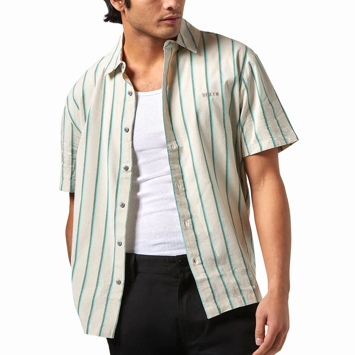 Tools Brixton Cru Stripe Shirt - Beige/Pine Needle/Aquatic Green Movies